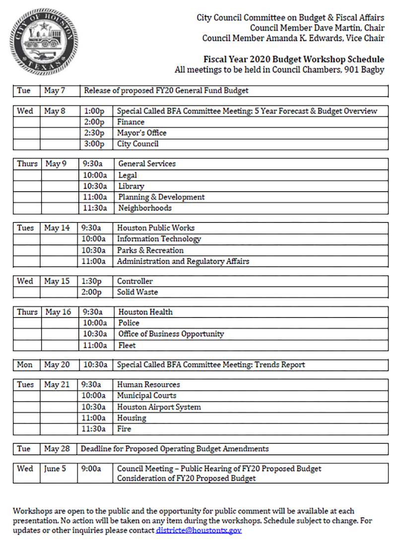 FY2020 Budget Workshops Schedule