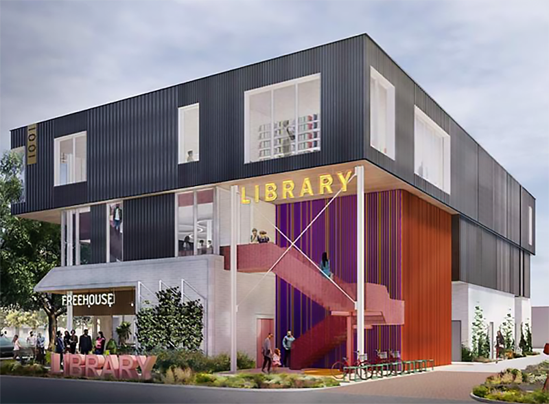 Modelo de la nueva Biblioteca Montrose, que se instalará en 1001 California Street, Houston, Texas 77006