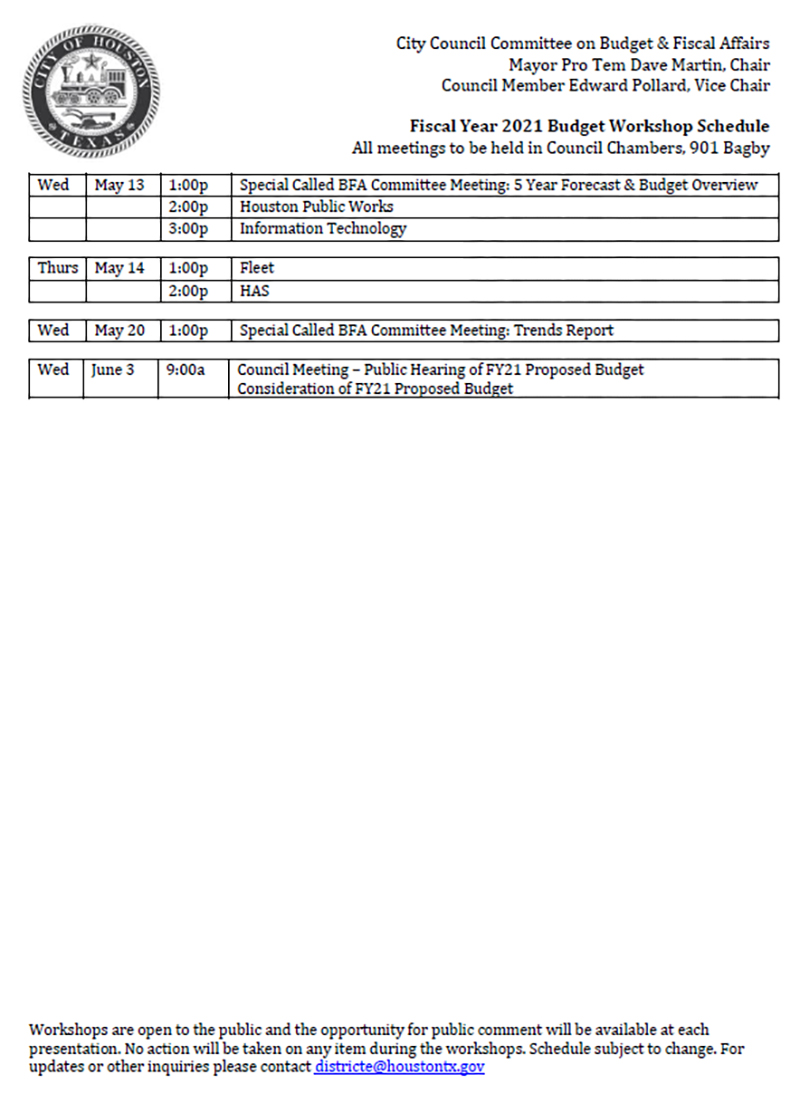 FY2021 Budget Workshops Schedule