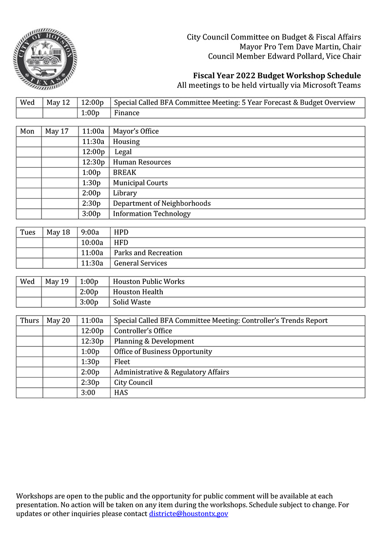 FY2022 Budget Workshops Schedule