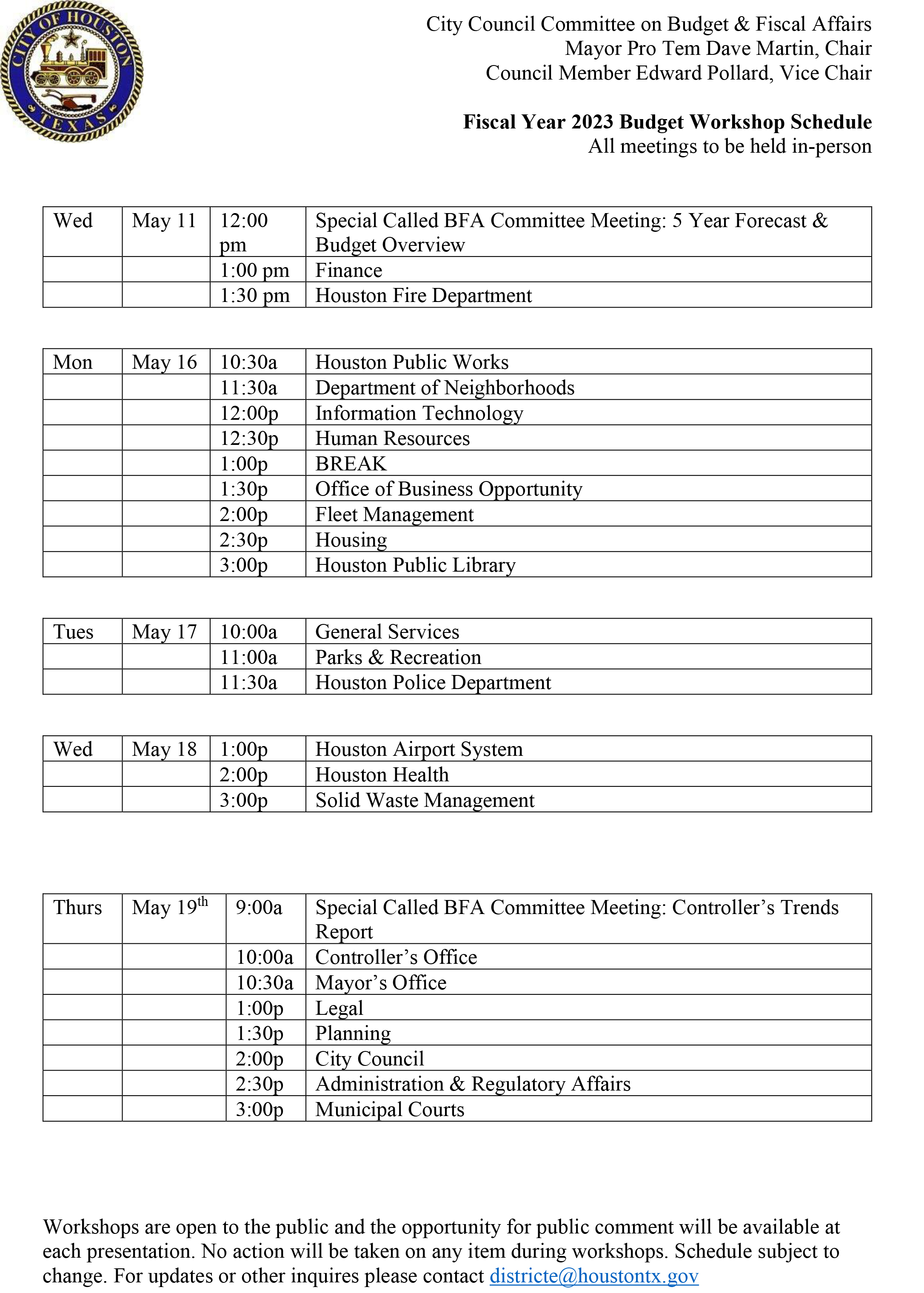 FY2022 Budget Workshops Schedule