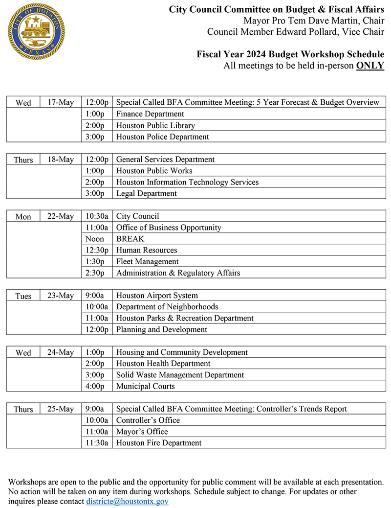 FY2024 Budget Workshops Schedule