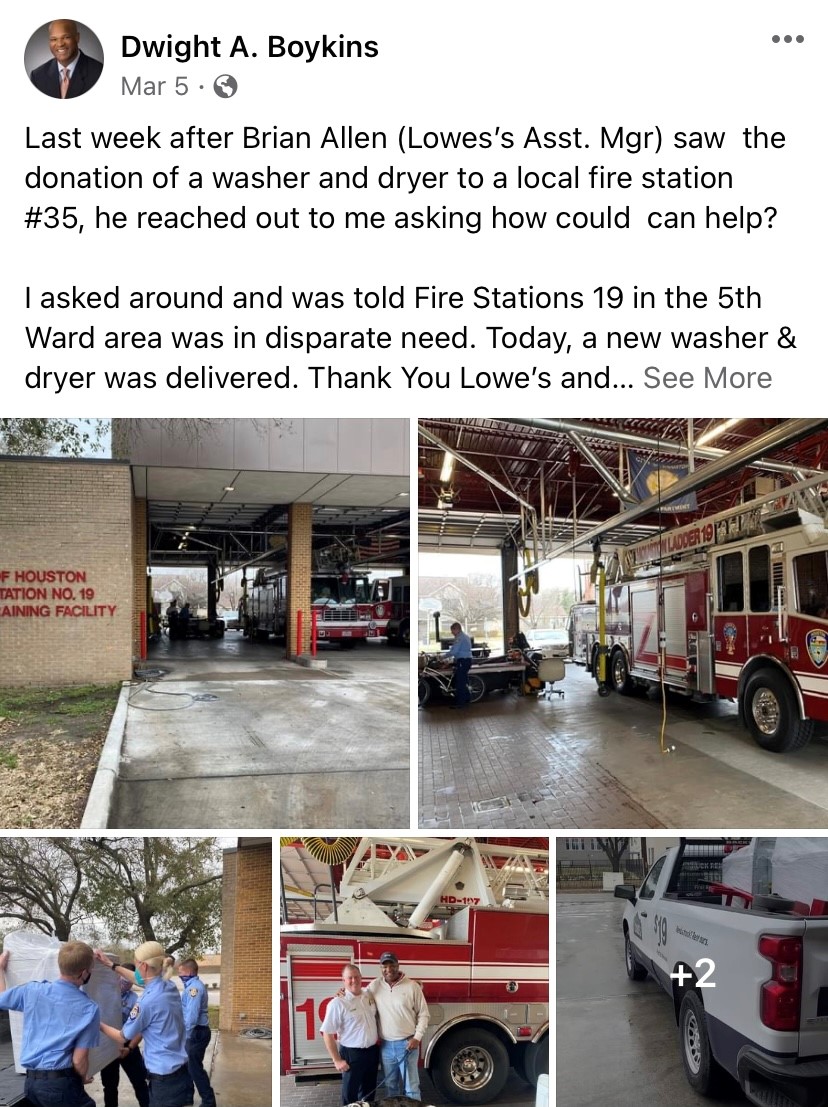 several images and twitter post from Former Council Member Boykins with Firefighters at Fire Station and their washer/dryer appliances, photo credit: Former Council Member Dwight Boykins.