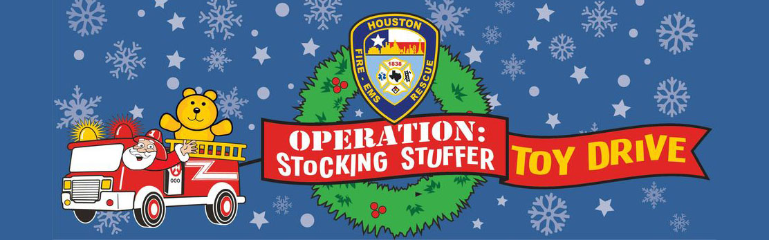 Operation Stocking Stuffer Logo with Santa and bear in firetruck, wreathe, text and HFD patch