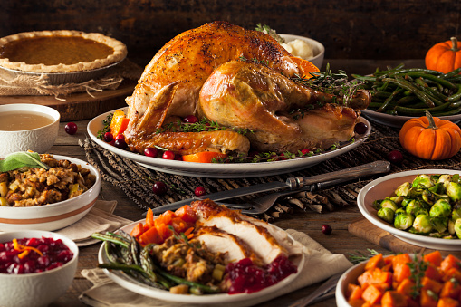 thanksgiving feast photo with turkey and sides