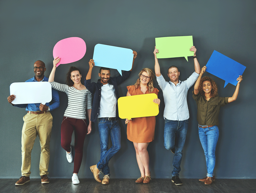 People holding quote bubbles